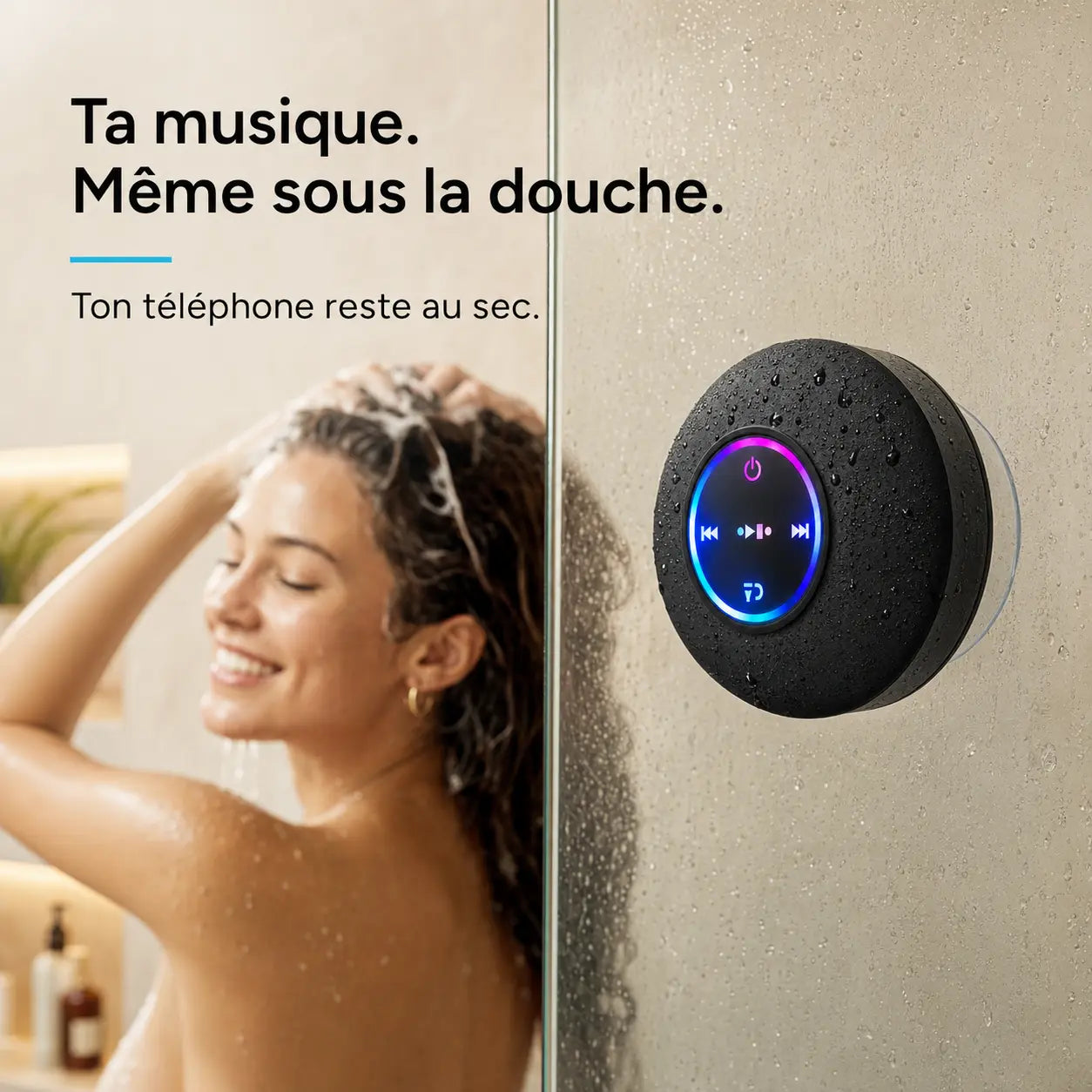Enceinte MELOONDA dans une salle de bain chaleureuse