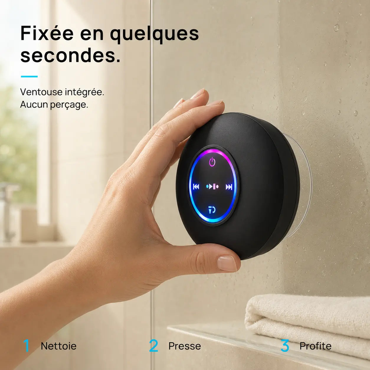 Ventouse arrière de l’enceinte MELOONDA sur une paroi lisse