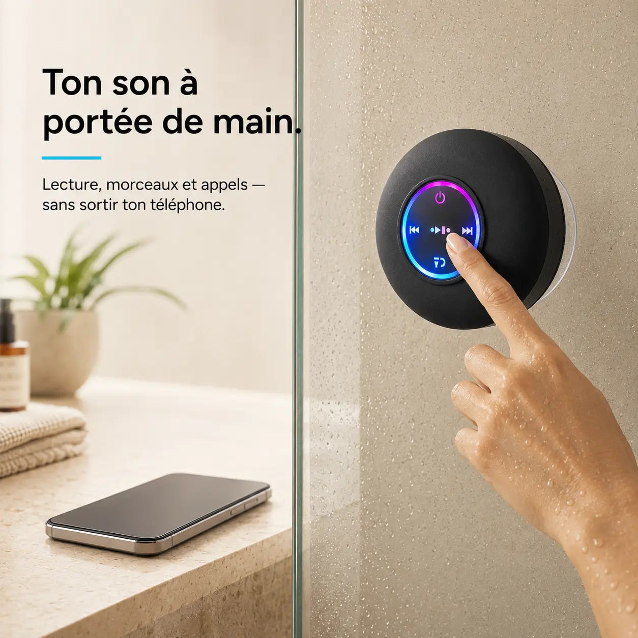 Commandes de l’enceinte MELOONDA accessibles pendant que le téléphone reste au sec