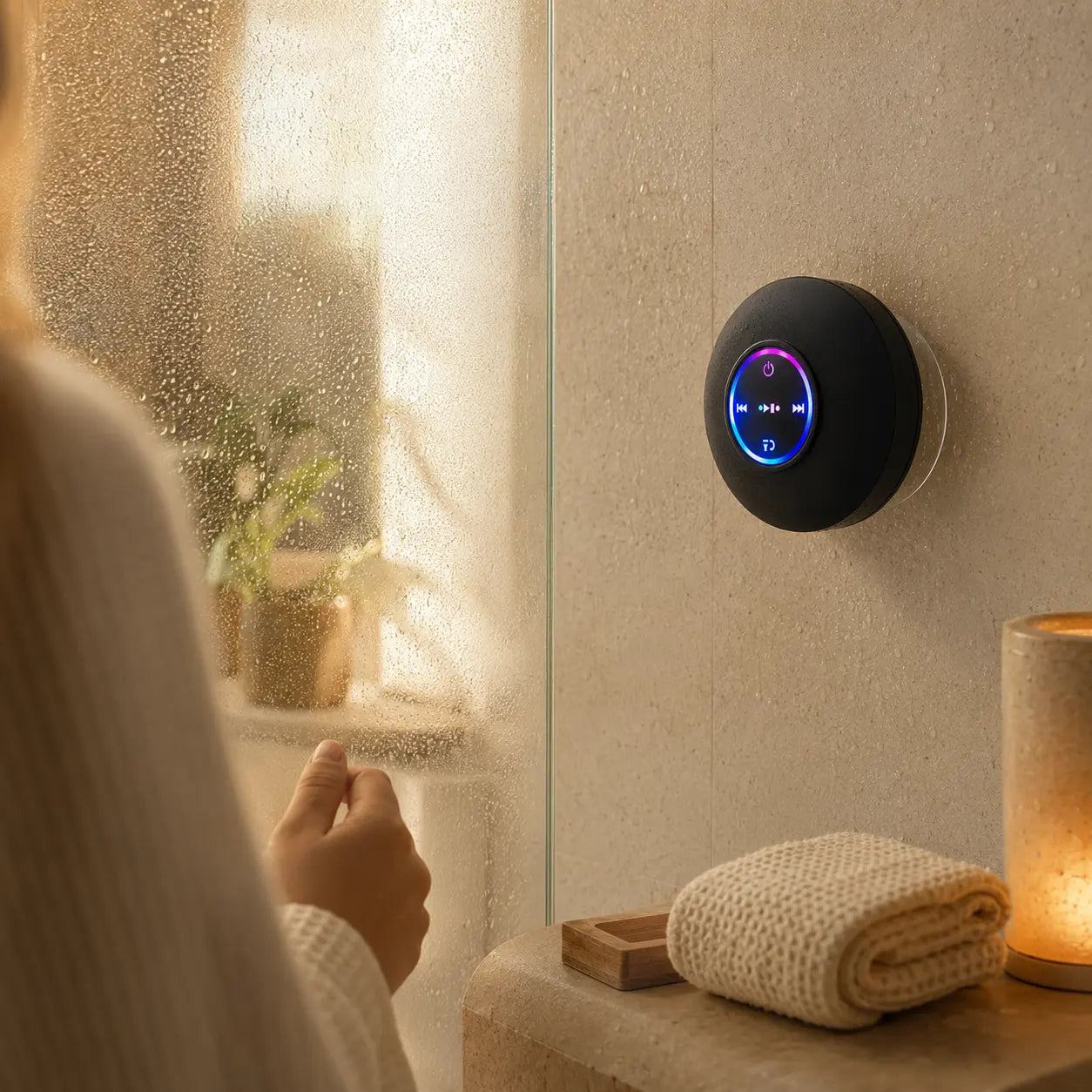 Enceinte MELOONDA dans une salle de bain chaleureuse au moment de la douche